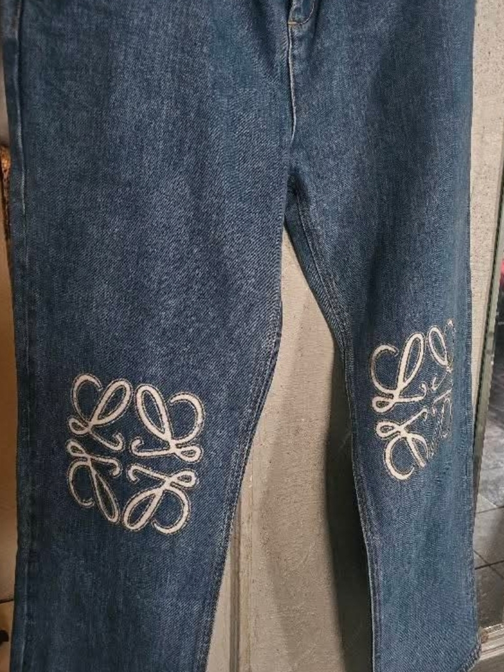 Loewe (INSPIRED)Blue Straight-Leg Jeans with White Embroidered Knees